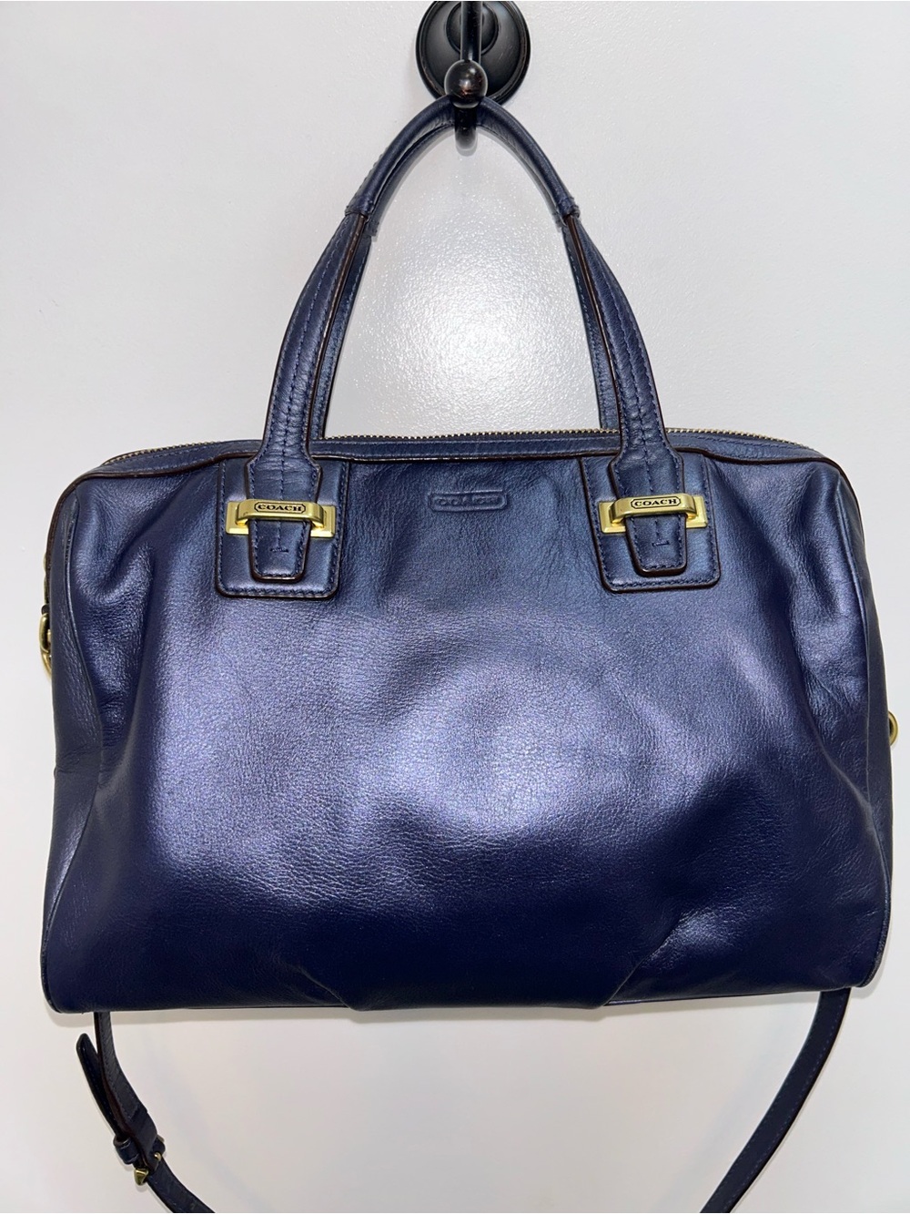 Coach Taylor leather metallic blue satchel  with crossbody strap brass hardware